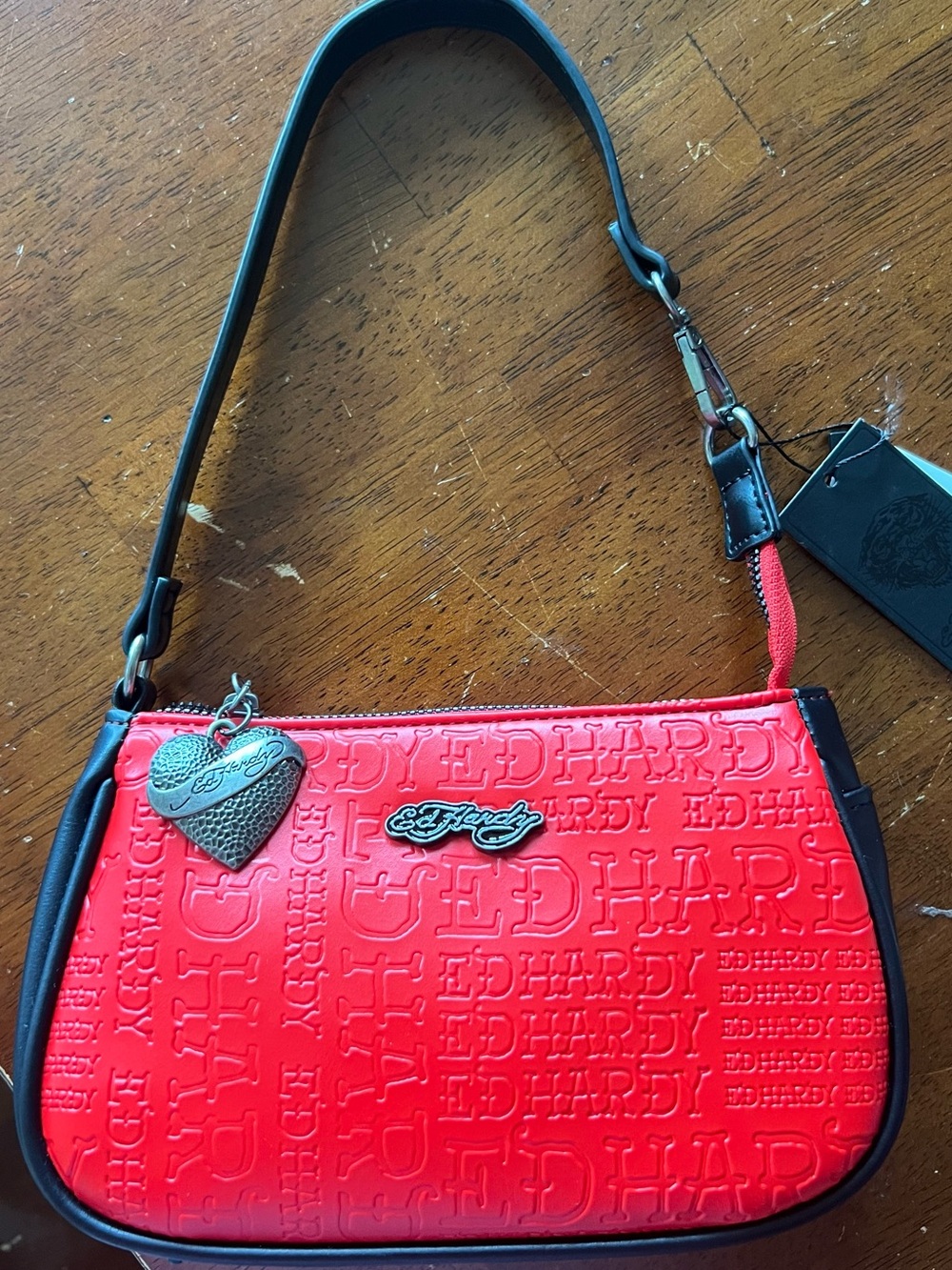 Ed Hardy Red Shoulder Bag with Heart Charm and Black Trim NEW